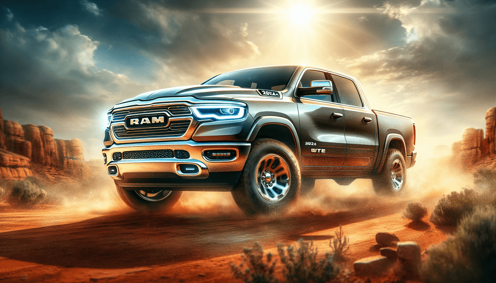 Ram Ute 2024 driving off-road in desert landscape, showing dynamic performance and design for ultimate review and specs discussion.