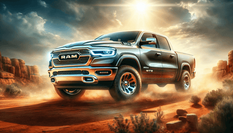 Ram Ute 2024 driving off-road in desert landscape, showing dynamic performance and design for ultimate review and specs discussion.