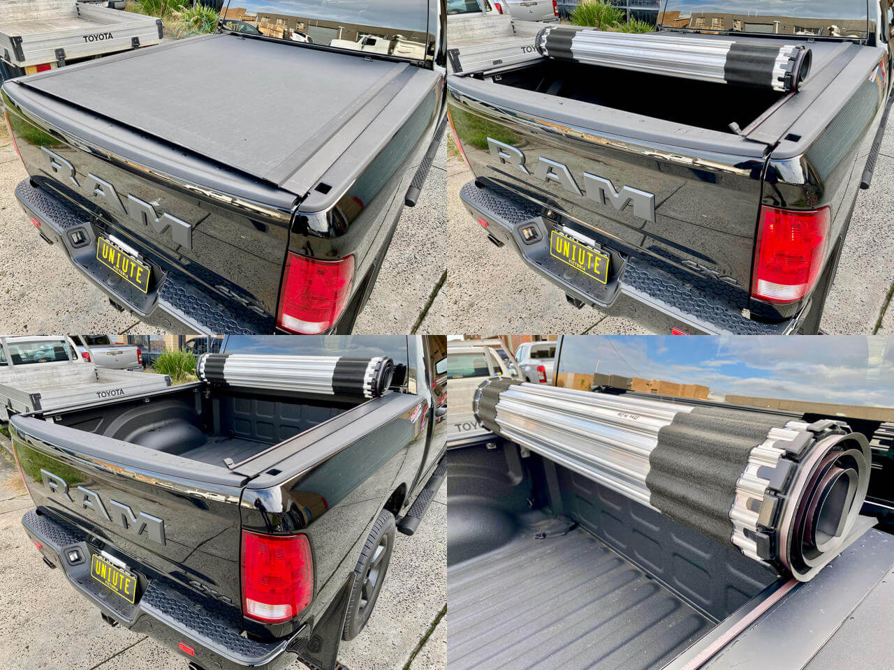 Tonneau Covers on pickup trucks showing rolled and covered configurations