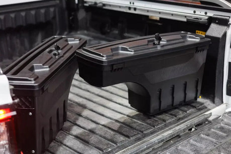 Swing boxes in ute showcasing premium Ute Tub Storage solutions for secure, organized gear. Ideal for work and adventure.