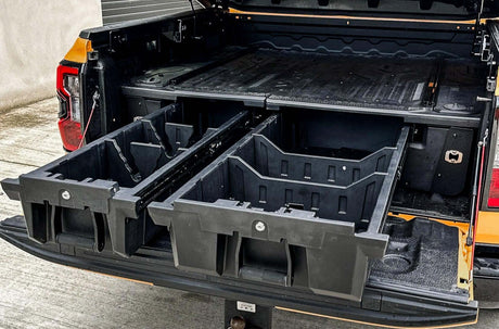 Rear view of vehicle with open UTE DRAWERS showcasing storage and organization capabilities for 4x4 utility vehicles.