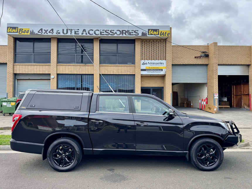 Black KGM Musso Canopy XLV Ute with stainless steel canopy at UniUte, showcasing durability for SsangYong Musso XLV 2018-2025