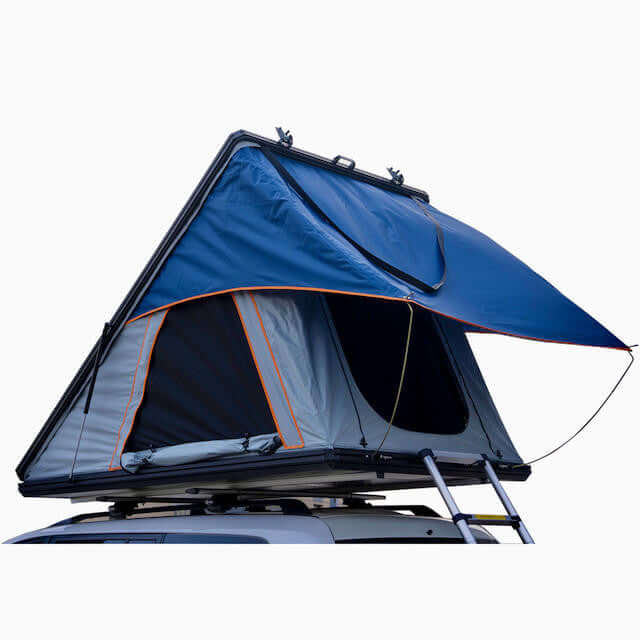 Hard shell roof top tent with awning — fully open showing sleeping platform