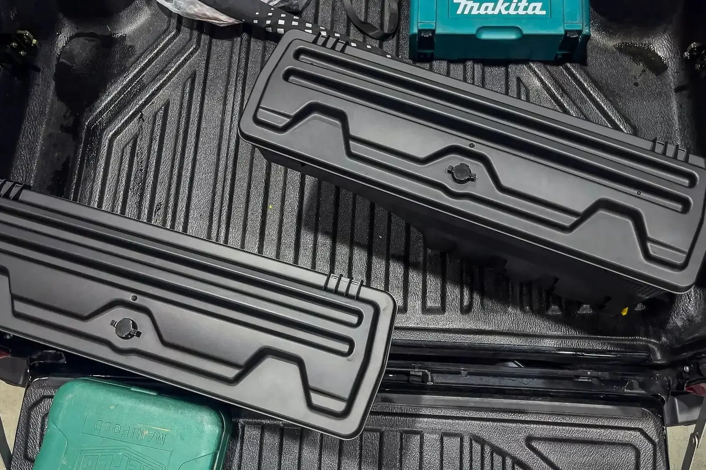 Toyota Hilux tool box smart swing-out storage for SR5 2015-2025 in truck bed with Makita case