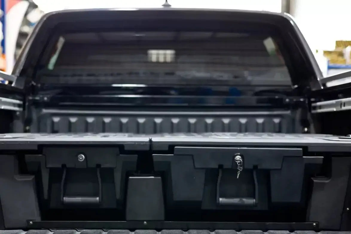 Hilux drawers installed in 2015-2025 Toyota Hilux, showcasing weathertight ute drawer system for optimal 4WD storage and organization.