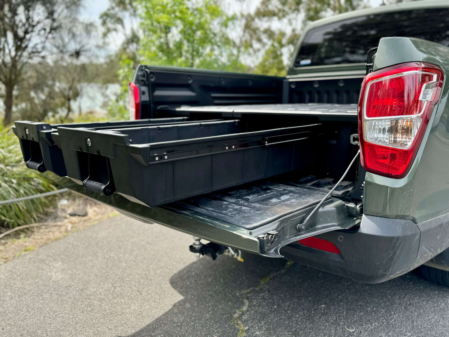 SsangYong Musso drawers for XLV Long Tub, weathertight and heavy-duty storage solution, 2018–2025, open in a parked vehicle.