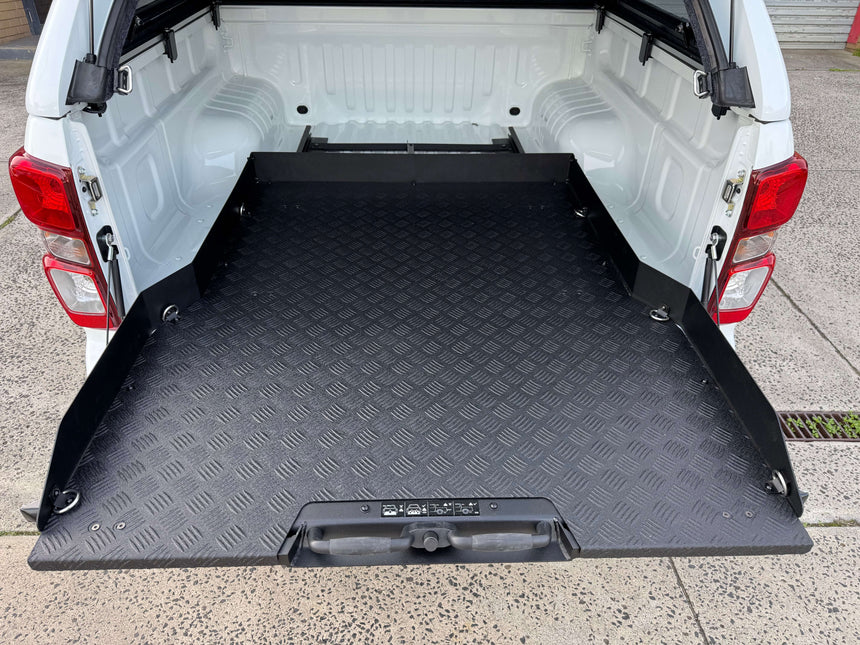 Ute tray slide fitted in Isuzu D-Max 2012-2025 truck bed, enhancing storage and functionality