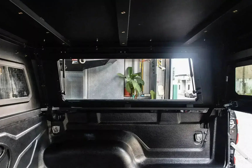 Interior view of KGM Musso Canopy XLV 2018-2025 stainless steel ute canopy showcasing durability and design for tough conditions.