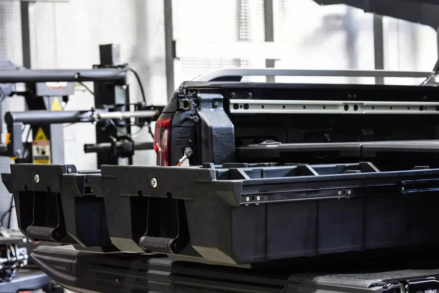 Hilux drawers installed on a Toyota Hilux, 2015-2025 model, showcasing UniUte weathertight storage system for 4WD vehicles.