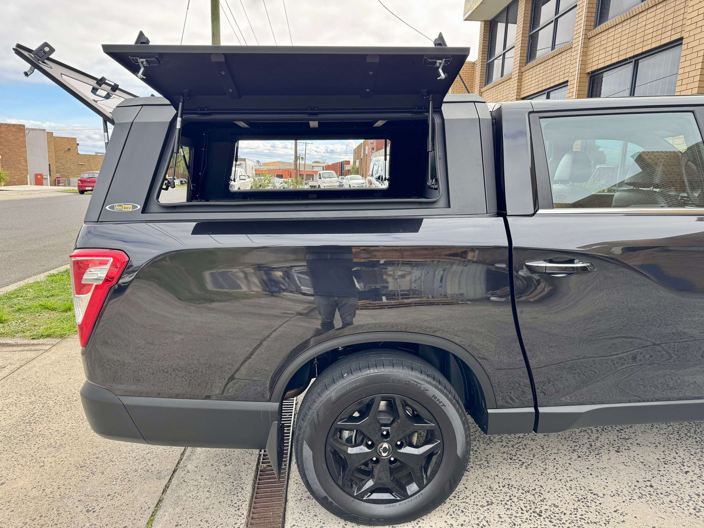 KGM Musso Canopy XLV Stainless Steel Ute Canopy for 2018-2025 model displayed in open position