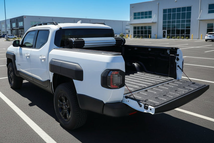 KIA Tasman hard cover parked, showcasing REVOLVER Hard Rolling Cover for secure cargo protection.