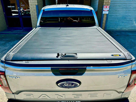 Ranger roller shutter on 2022 Ford Ranger enhances security and style, showcasing UniUte Next Gen design for aftermarket tub accessories.
