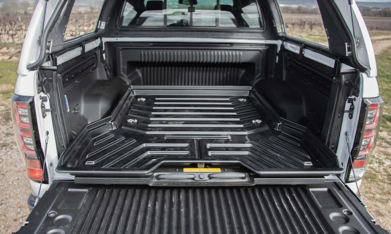 ute tray slide for Isuzu D-Max 2012-2025 showing installed sliding tray drawer in truck bed