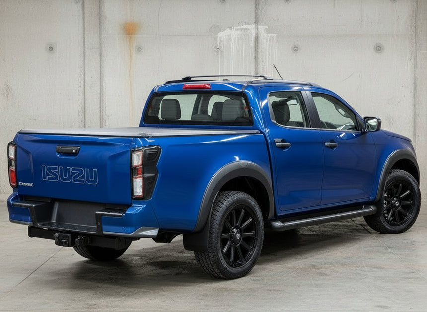 Isuzu DMax with Soft Roll Up Tonneau Cover 2020-2025 installed, showcasing protection and style, no drilling required. Isuzu DMax tonneau cover.