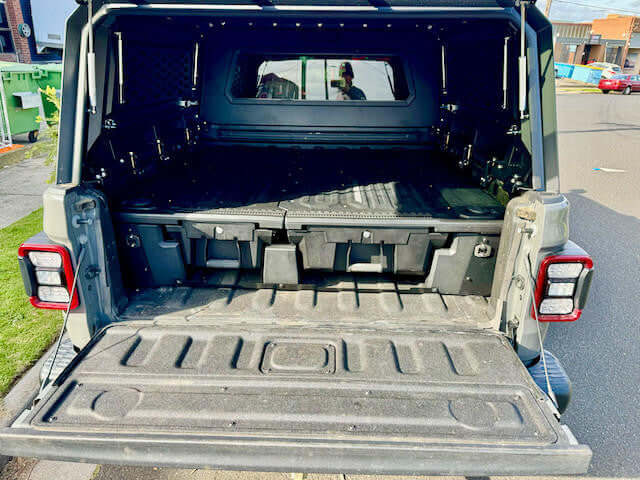 Jeep Gladiator ute drawers 2020-2025 installed in open cargo area, showcasing weathertight storage solutions for off-road and utility use.