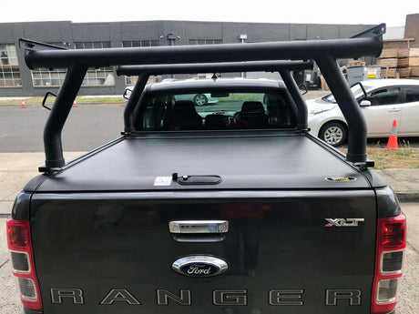 Black ladder racks on a Ford Ranger with roller shutters for Gen1 & Gen2 utes