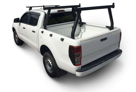 Universal black ute ladder racks set of 2 installed on a white ute for secure transport of ladders and bulky items.