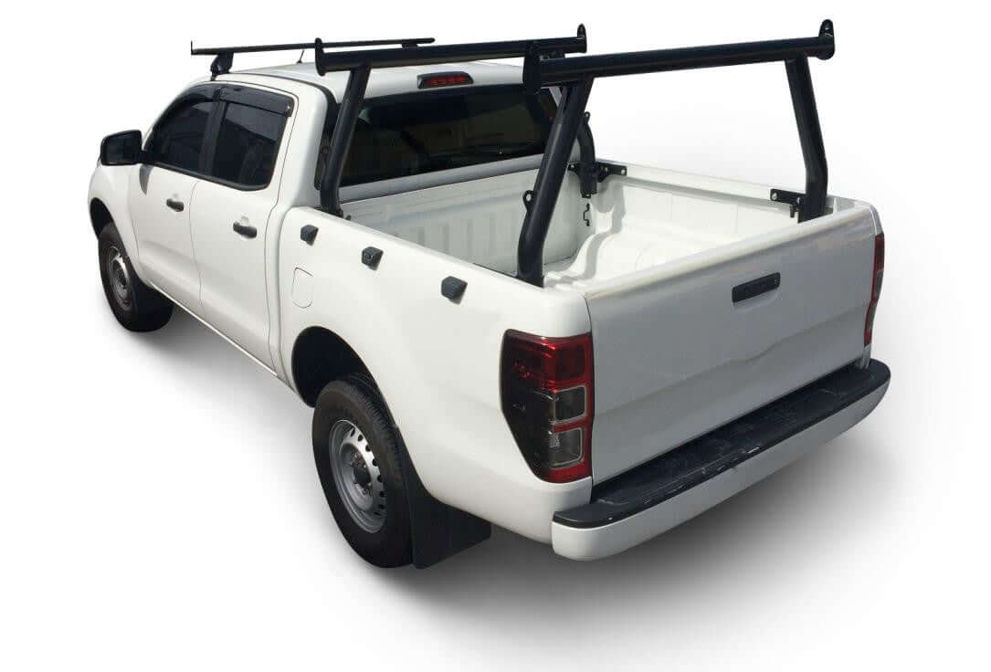 Universal black ute ladder racks set of 2 installed on a white ute for secure transport of ladders and bulky items.