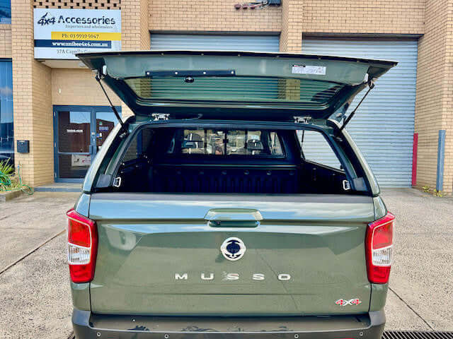 Canopy for SsangYong Musso XLV with open rear view, enhancing utility and adventure capabilities for 2018-2025 models.
