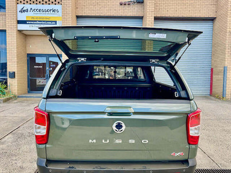 Canopy for SsangYong Musso XLV with open rear view, enhancing utility and adventure capabilities for 2018-2025 models.