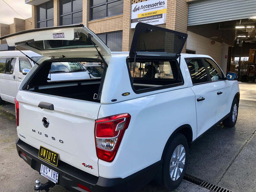 Canopy for SsangYong Musso XLV Long Tub 2018-2025 with open side and rear doors by UniUte, perfect for work and adventure.