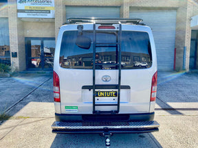 Black rear ladder for Toyota HiAce 200 series 2005-2019 — installed rear view | UniUte