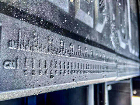 Close-up view of Hilux drawers with weathertight system for Toyota Hilux 2015-2025, featuring precision measurements.