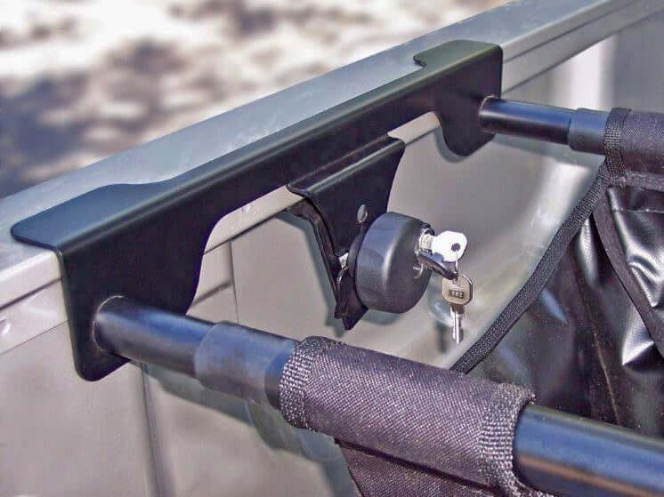 Close-up of Universal Black ute tub organiser hammock detail inside a ute tray, showcasing its secure and durable installation.