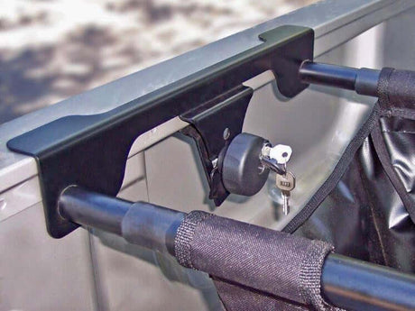 Close-up of Universal Black ute tub organiser hammock detail inside a ute tray, showcasing its secure and durable installation.