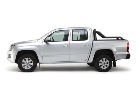 Side view of silver ute with extended sports bar on Gen2 roller shutter in matte black.