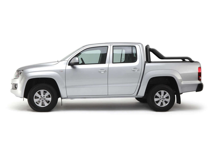 Side view of silver ute with extended sports bar on Gen2 roller shutter in matte black.