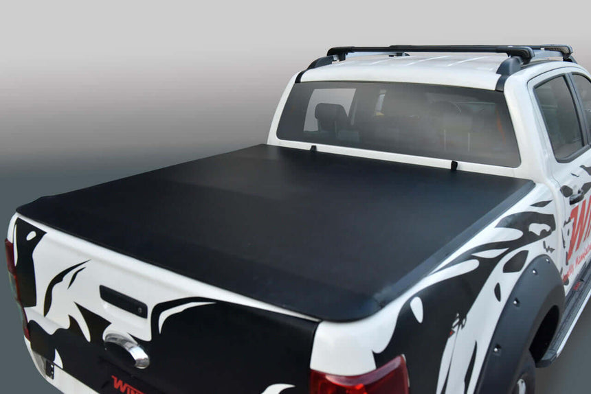 Amarok tonneau cover on a Volkswagen Amarok 2023 soft roll-up cover, UniUte product for dual cab trucks, enhancing protection and style.