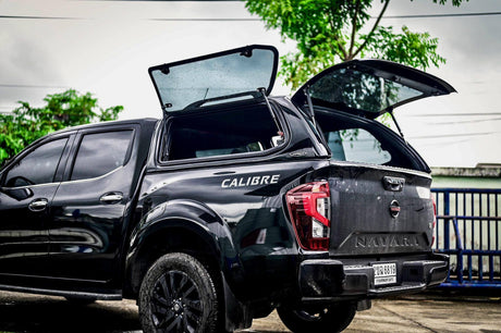 Black truck with WA Canopy for sale in Perth, featuring open doors showcasing its storage capacity.