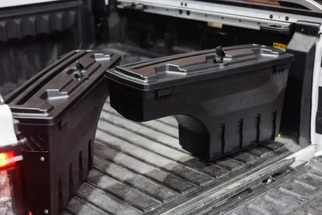 UniUte swing-out side storage toolbox fitted inside a Ford Ranger tub