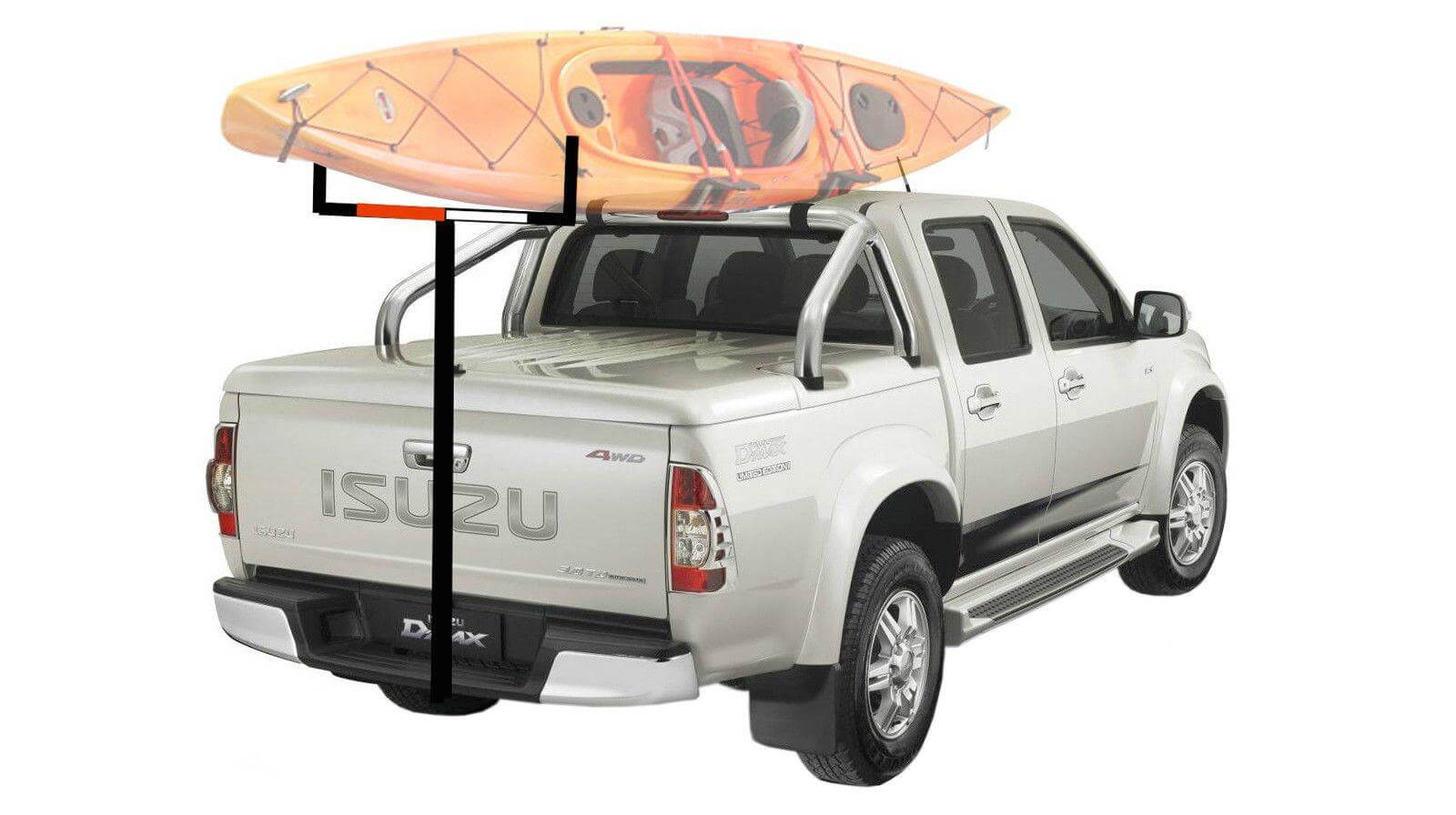 Pickup truck with roof rack kayak carriers transporting a kayak securely on top.