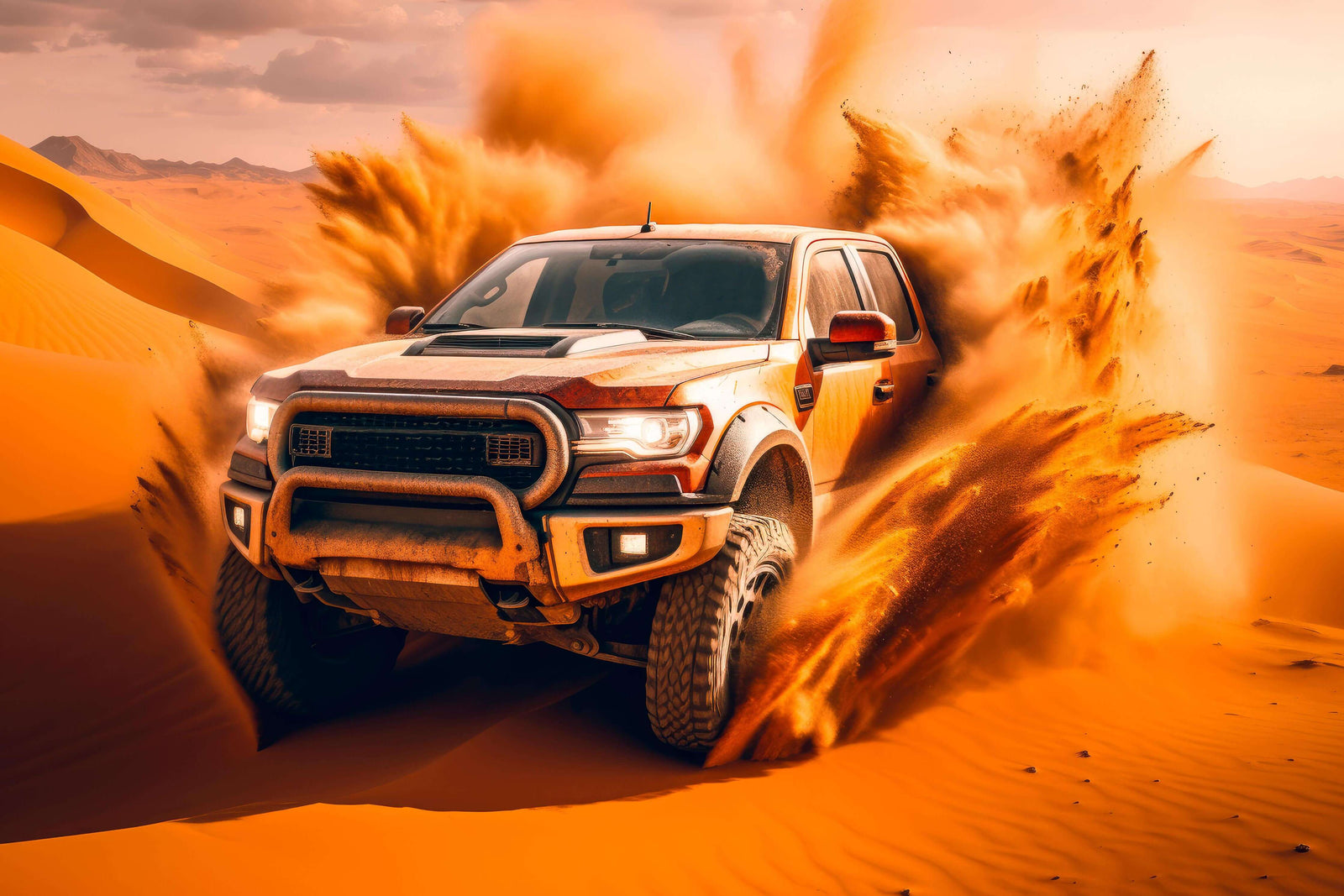 Truck Pickup driving through sandy terrain, showcasing durability and off-road capability.
