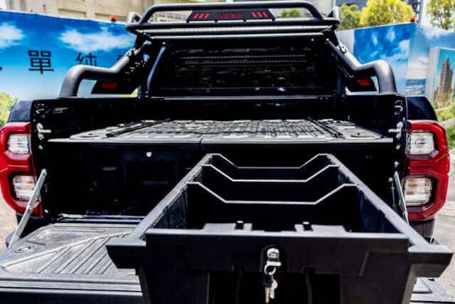 Drawers for Ute installed in a 4WD, showcasing organized storage space in the vehicle's rear.