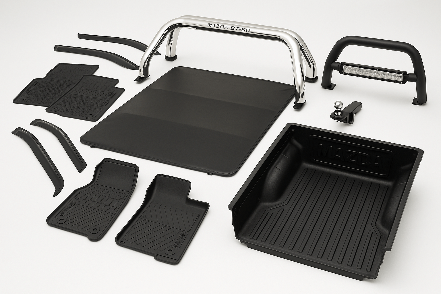 Various Mazda BT 50 accessories including mats, bed liner, and bumper guard, enhancing vehicle performance and style.