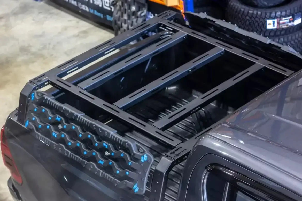 Tub rack utility multifunction carrier cage on a ute for hauling gear securely.