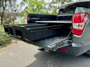 SsangYong Musso drawers for XLV Long Tub, weathertight and heavy-duty storage solution, 2018–2025, open in a parked vehicle.