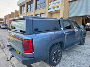 BYD Shark 6 2025+ stainless steel canopy — rear three-quarter view showing the hatch and finish