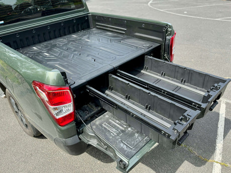 SsangYong Musso Drawers XLV Weathertight Ute Drawer System for 2018-2025 model, showcasing open storage in the vehicle's long tub.