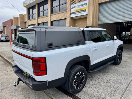 BYD Shark 6 2025+ stainless steel canopy — installed on ute, front view with gullwing doors closed | UniUte