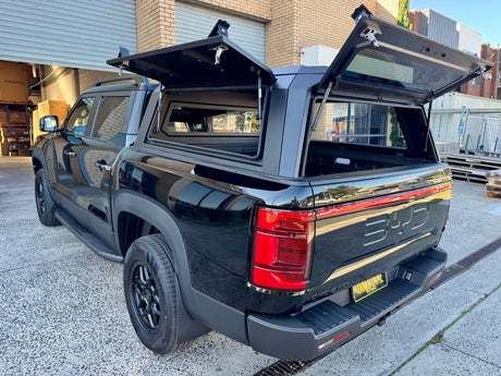 BYD Shark 6 2025+ steel canopy — passenger side gullwing door fully open