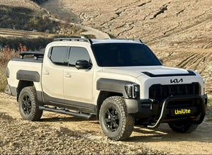 KIA Tasman nudge bar 2025+ model on a rugged trail, showcasing premium front protection and style.