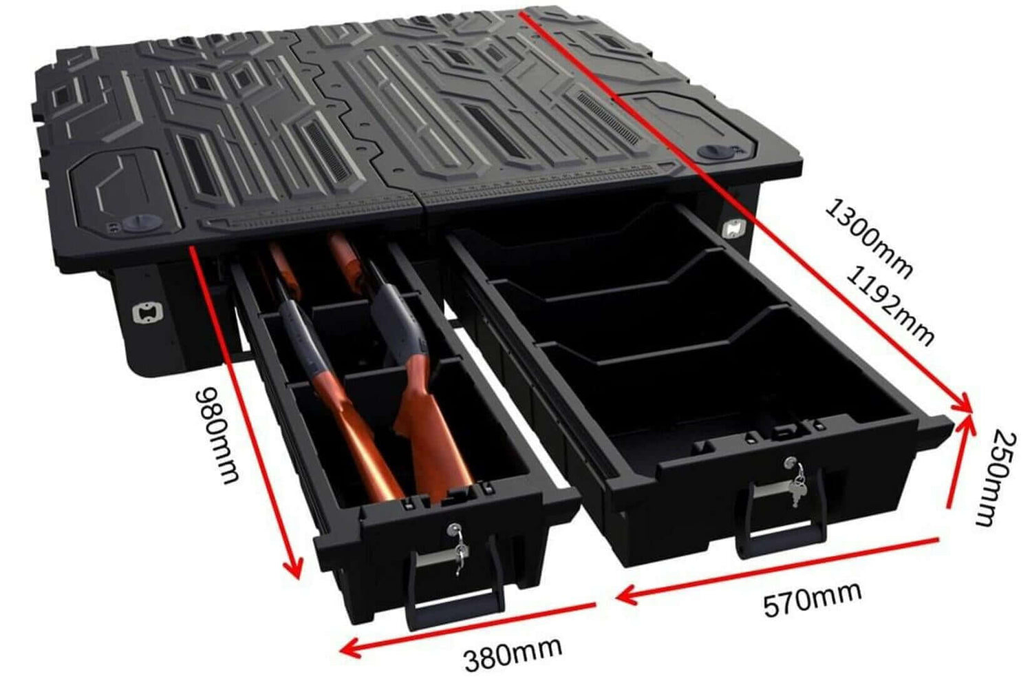 Hilux drawers 2015-2025 Toyota weathertight ute drawer system with dimensions and storage compartments.