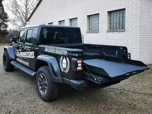 Jeep Gladiator 2020-2026 slide tray — loaded position showing weight capacity