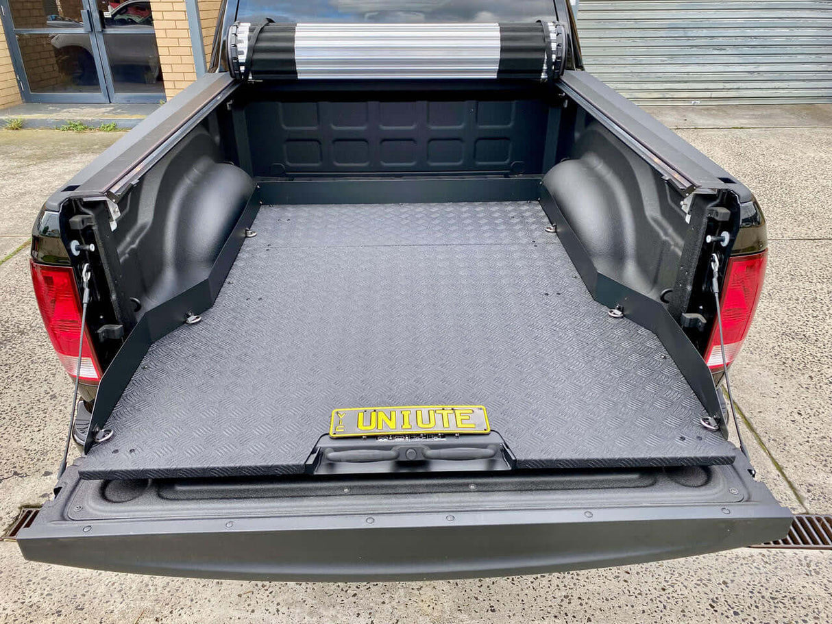 UniUte RAM 1500 ute sliding tray installed in truck bed, showcasing cargo space efficiency for RAM 1500 5.7' bed