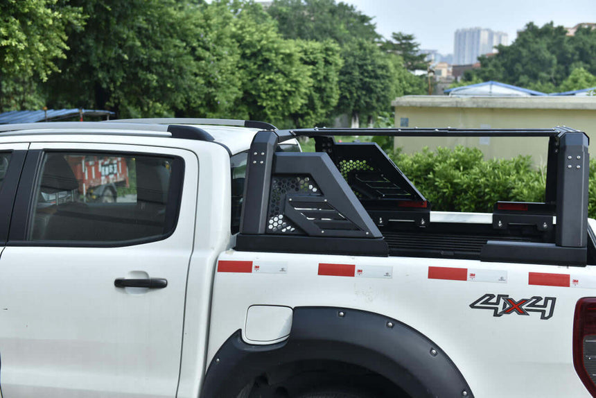 Ute tub rack universal roll bar with multifunction ladder rack on a white ute in an outdoor setting